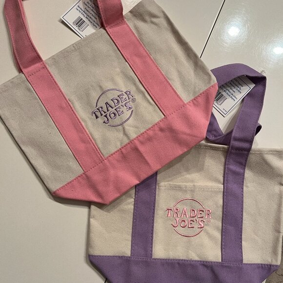Trader Joe’s Mini Canvas Tote Bag Duo (Pink &‎ Purple) – Brand New - Picture 1 of 11